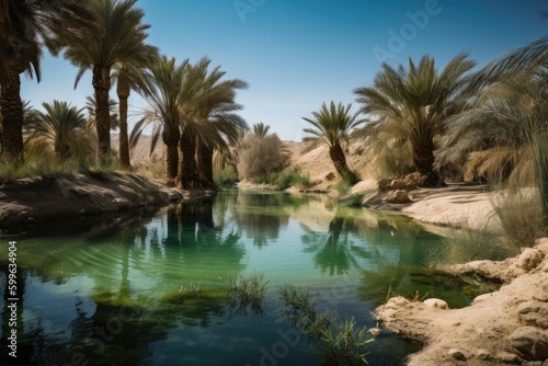 oasis with palm trees and crystal clear water in the middle of desert, created with generative ai © Alfazet Chronicles