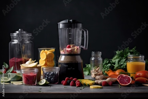 smoothie preparation with ingredients and blender in view  created with generative ai