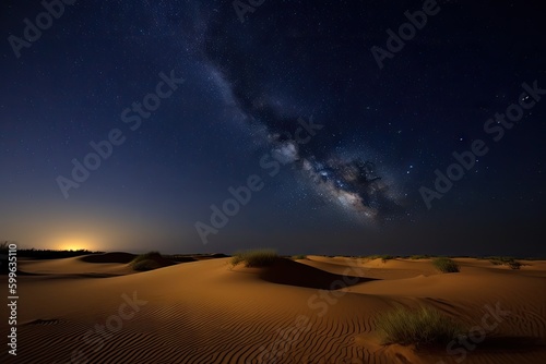 night sky over the dunes of a vast desert, with stars shining brightly, created with generative ai