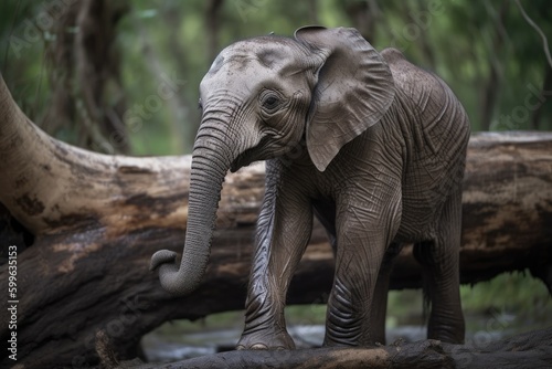 baby elephant  with its trunk and tusks in full view  exploring the world for the first time  created with generative ai