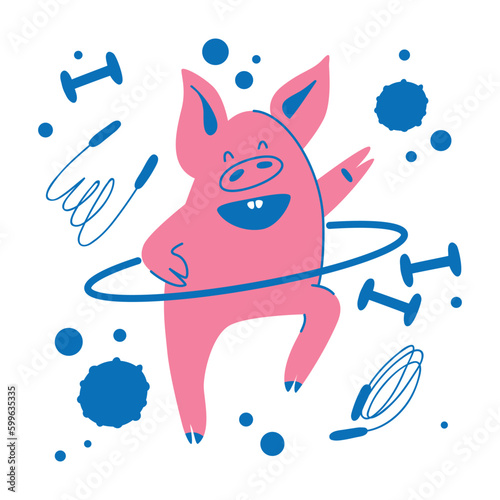 A happy pink pig goes in for sports. National Pig Day. Piglet twists the hoop around his waist. Mascot for a sports club. Flat cartoon. Set of sports equipment for fitness.