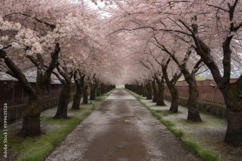 cherry blossom garden, with rows of cherry trees in full bloom, created with generative ai