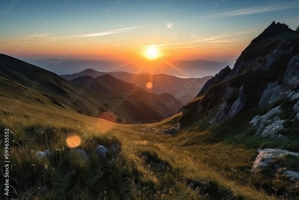 majestic mountain landscape with sunrise, showing the sun peeking over the horizon, created with generative ai