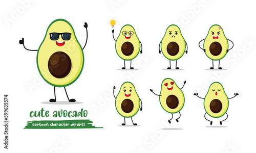 cute green avocado fruit with different emotion. Set of emoticon many face expression. Funny cartoon character vector illustration.