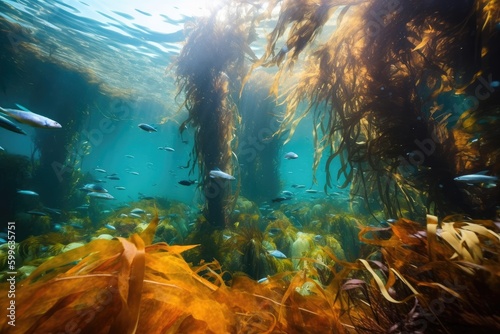 kelp forest with schools of fish swimming among the fronds, and brightly colored coral, created with generative ai