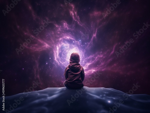 Photographie a person sitting in the middle of a space filled with stars