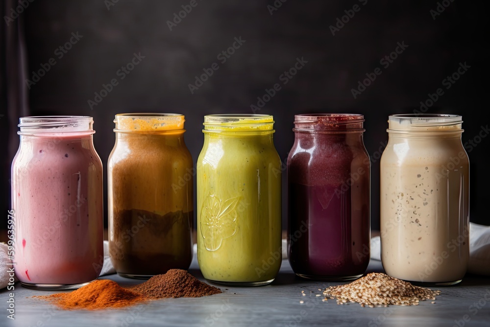 four smoothies and shakes of different colors, textures, and flavors, created with generative ai four smoothies and shakes of different colors, textures, and flavors, created with generative ai