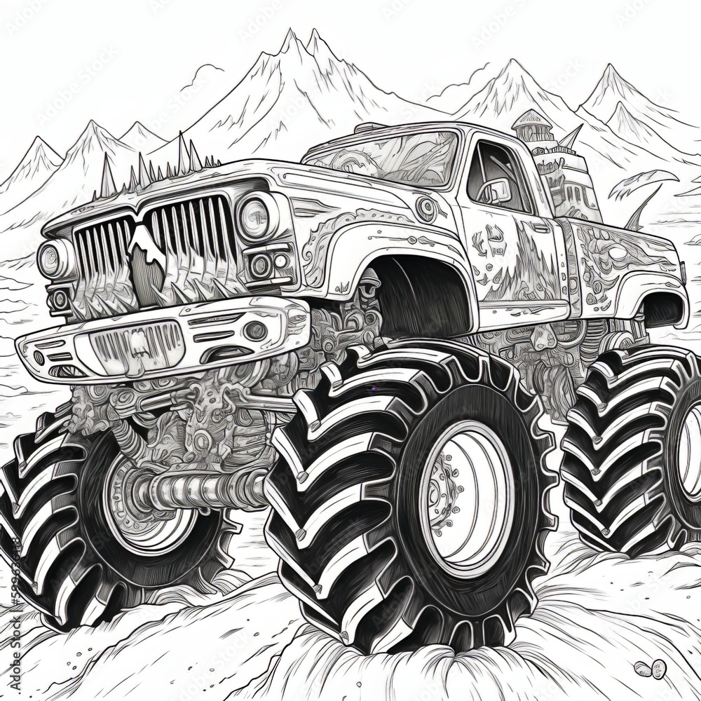 Coloring page - drawing of a monster truck with huge tires Stock ...