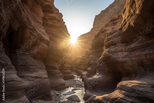 majestic canyon with sun setting, casting warm light on rock formations, created with generative ai