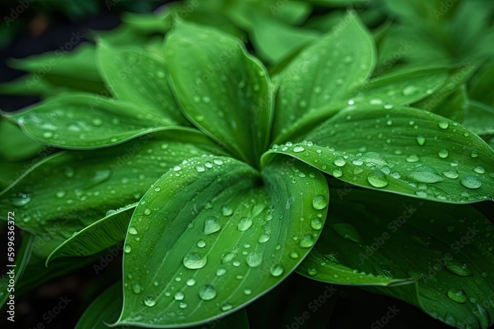 close-up of vibrant green leaves with dew on the petals, created with generative ai