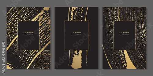 Set of luxury golden background. Gold soap grunge stains. Sponge spots. Foam water. Shiny paint brush strokes. Glittering liquid on glass. Foam textures. Frame template