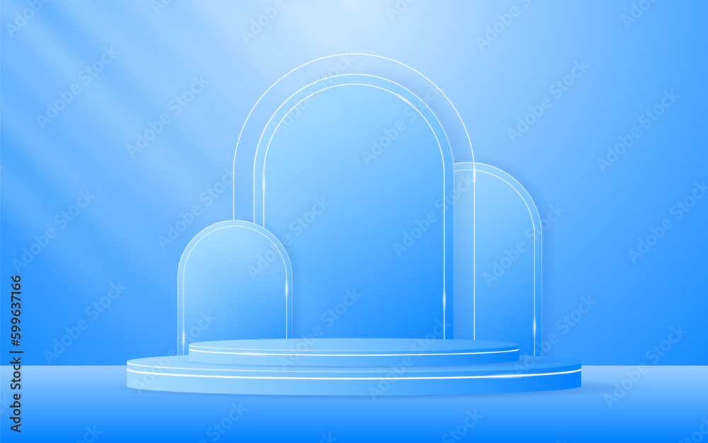 Blue podium with blue curved border and elegant white lines on the back for product presentation. Cosmetic product display. Stage or podium. vector illustration
Blue podium with blue curved border and elegant white lines on the back for product presentation. Cosmetic product display. Stage or podium. vector illustration