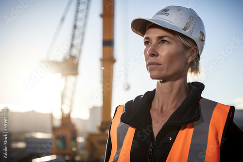 Generative AI illustration of pensive adult female construction engineer in hardhat and vest looking away thoughtfully while standing against crane on high rise construction site during work process photo