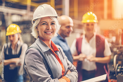 Generative AI illustration of cheerful mature female architect in hardhat smiling and looking at camera while standing with crossed arms against blurred colleagues during construction works photo