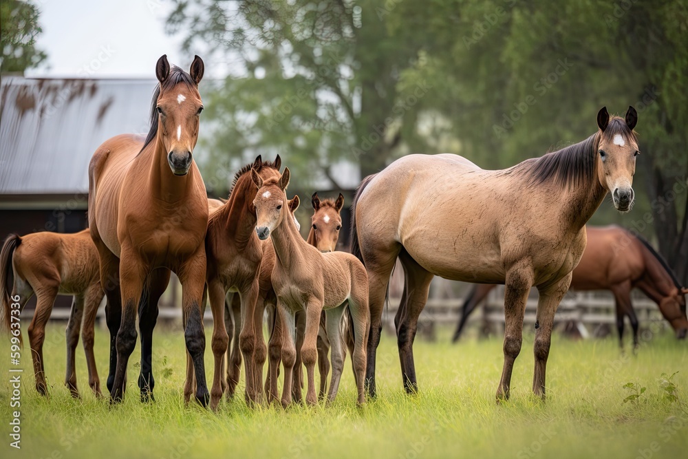 herd of horses, with one newborn foal in the center, created with generative ai herd of horses, with one newborn foal in the center, created with generative ai