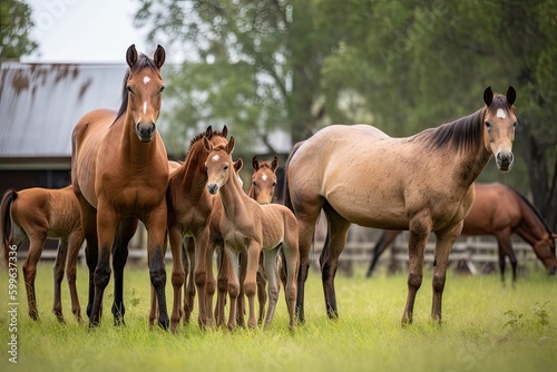 Foto herd of horses, with one newborn foal in the center, created with generative ai