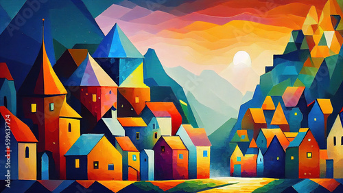 A colorful Austrian Village Landscape Background AI Generative