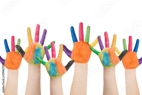 children's hands painted on a white background with clipping path. Colored hands.