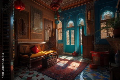Interior of the colorful Moroccan riad photo