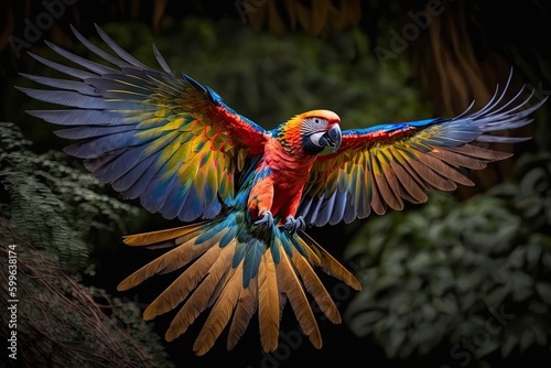 parrot taking flight in jungle, its colorful feathers shining, created with generative ai © Alfazet Chronicles