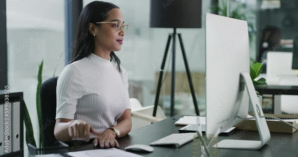Computer, taking notes and business woman in office workplace for research, planning and working on project. Pc, notebook and female secretary writing to plan schedule and to do list in company.