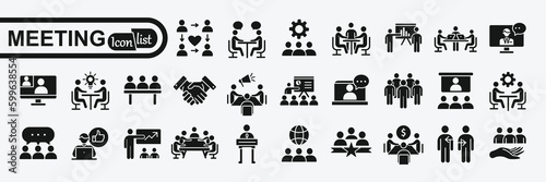 Meeting web icon set . Conference, team, brainstorm, seminar, interview, collection. Vector illustration.
