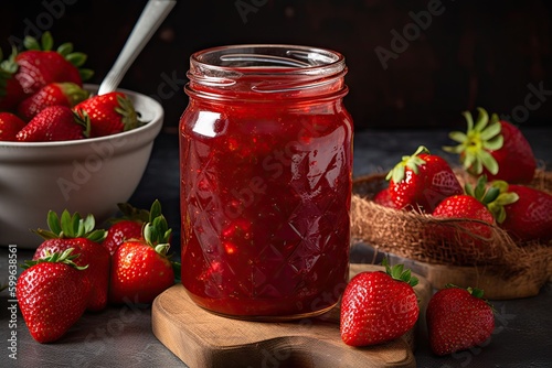 jar of homemade strawberry preserves, perfectly ripe and juicy berries, created with generative ai