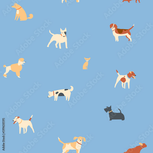Collection of funny dogs seamless pattern. Cute puppies and dogs fabric design. Vector illustration