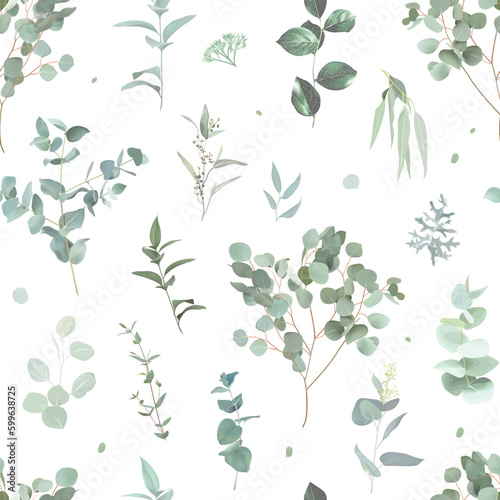Eucalyptus selection greenery print with leaves and plants. Botanical pattern design. Mint, green, gray, sage