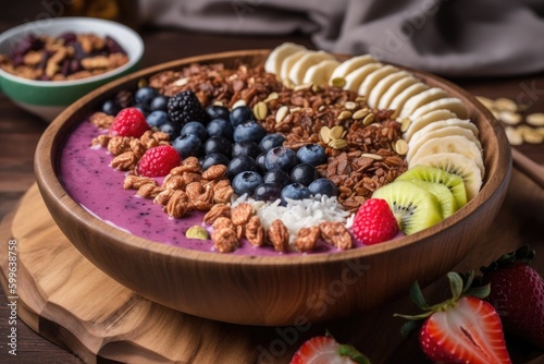 smoothie bowl topped with fresh fruit, granola, and nuts, created with generative ai