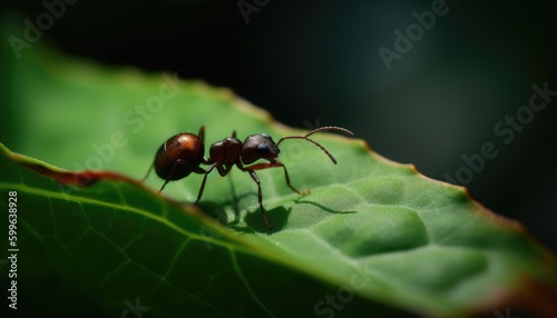 marko image or close-up of red ant on a green leaf, generative ai © tl6781