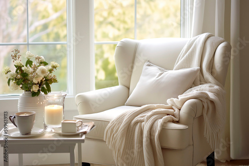 Reading nook, with a soft throw blanket, and an open books.