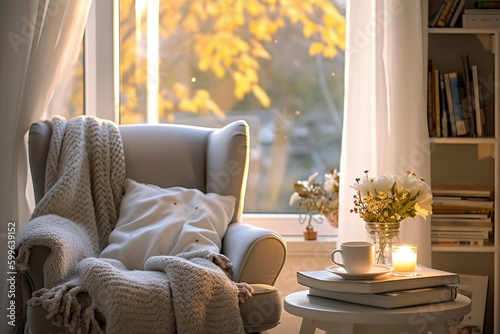 Reading nook, with a soft throw blanket, and an open books.
