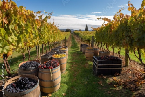 vineyard during harvest season, with rows of grape vines and baskets of fruit in the foreground, created with generative ai