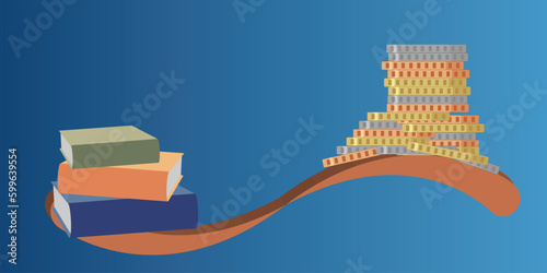 Stack of books and a pile of coins on a scale, value of education concept
