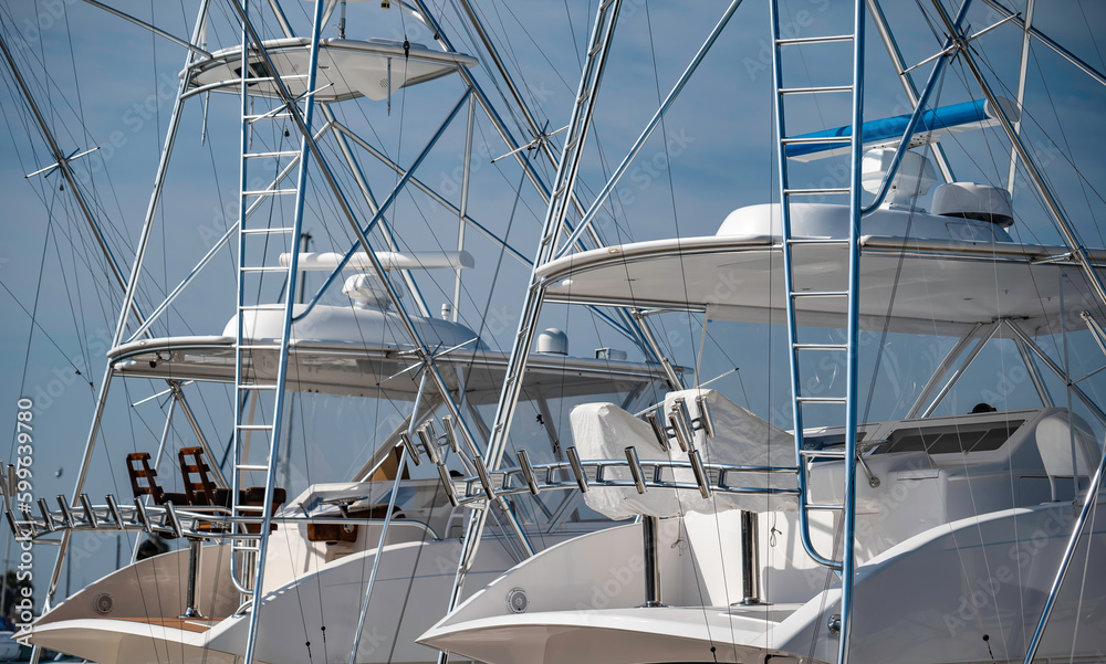 The cockpits of two sport fishing boats or yachts, and ladders and