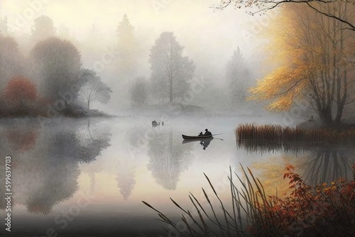 misty autumn morning, with mist rising from a lake, and canoeists paddling through the water, created with generative ai