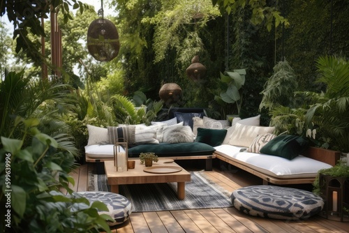 outdoor lounge area, with plush cushions and throw pillows, surrounded by greenery, created with generative ai