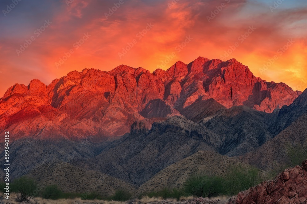 majestic mountain range standing guard over fiery canyon sunset, created with generative ai