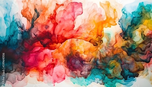 Colorful alcohol ink mixing texture. Fluid ink mix abstract background in liquid. Multicolor ink isolated on white background dissolving in water.