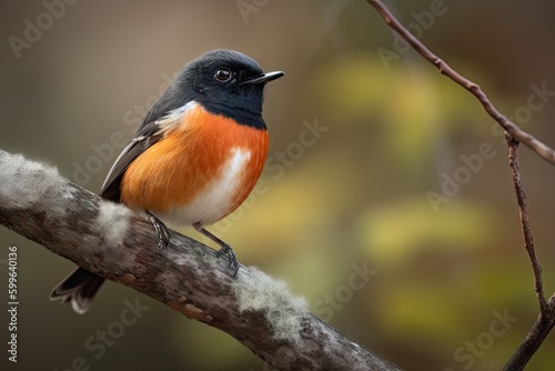 male redstart bird perched on branch, looking out at the world, created with generative ai