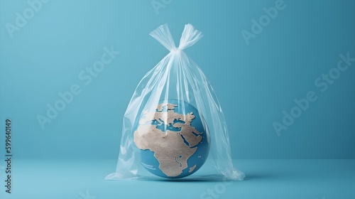 Earth globe in a transparent plastic bag, global warming concept, environment concept, the concept of saving the planet earth. Plastic free world day, save our earth.