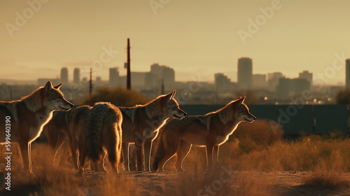 A pack of coyotes howling in the distance Generative AI  photo