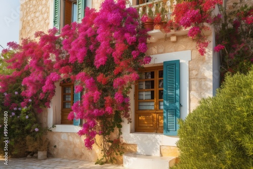 exterior of classic mediterranean house with lush bougainvillea climbing up the walls, created with generative ai © Alfazet Chronicles