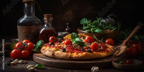 AI Generative. AI Generated. Photo realistic illustration of tasty italian pizza family dinner. Graphic Art