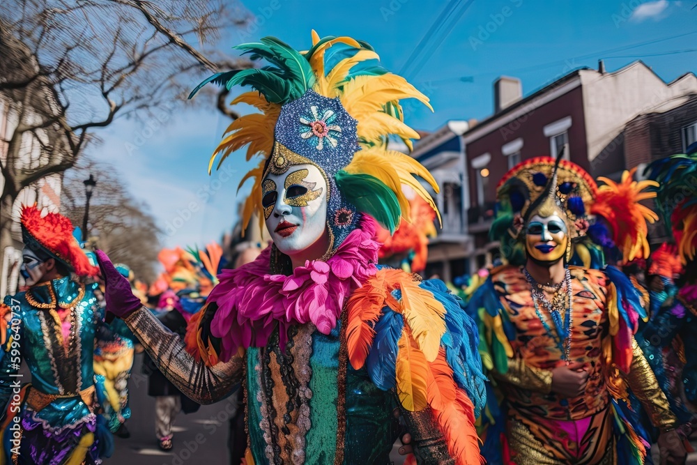 mardi gras parade, with colorful costumes and masks, dancing in the streets, created with generative ai