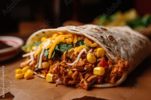 close-up of juicy and tender taco, with corn tortilla and fillings visible, created with generative ai