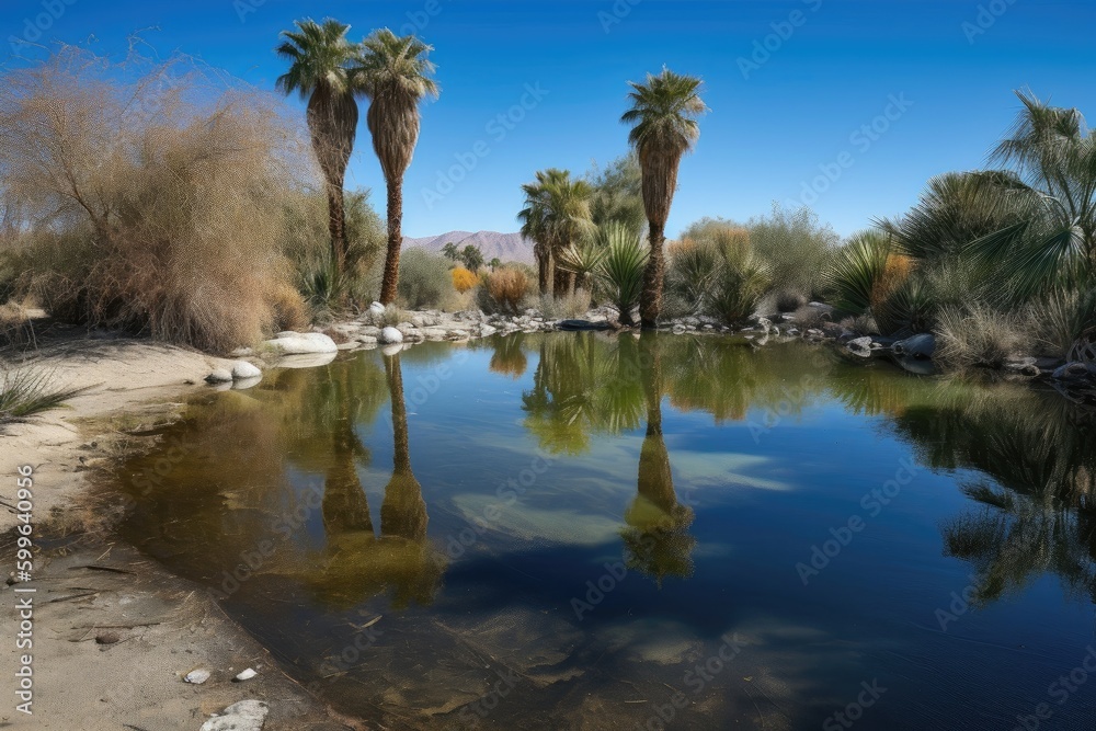 desert oasis, with palm trees and clear blue skies, in hot and arid environment, created with generative ai