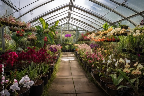 greenhouse filled with colorful orchids and bromeliads  created with generative ai