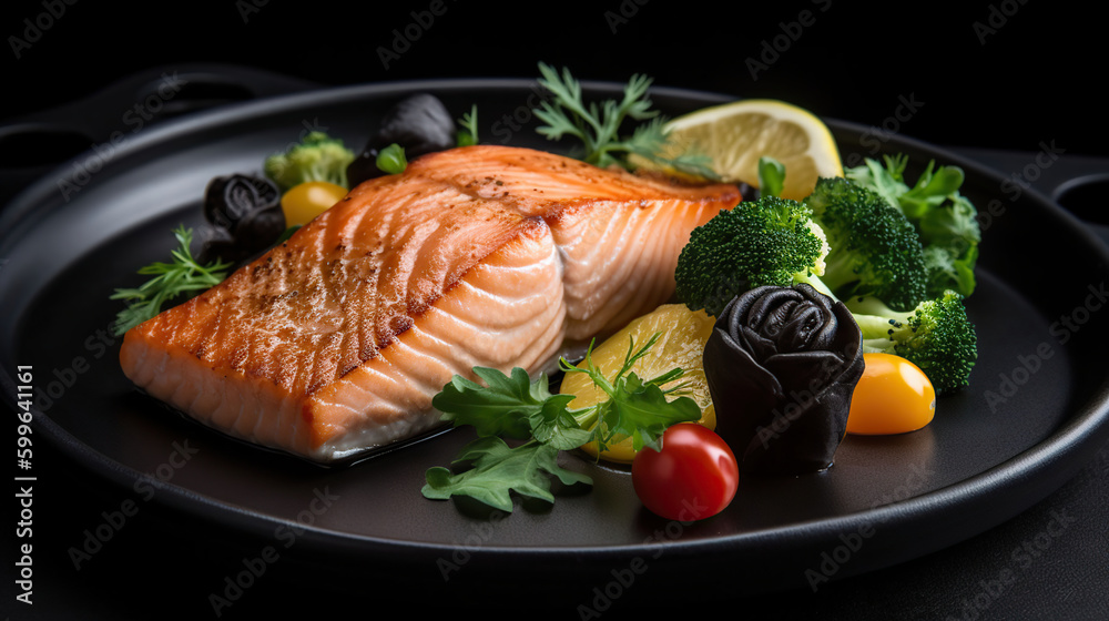 When Taste Meets Style, Grilled Salmon and Veggies on a Gorgeous Black Stone Plate. AI Generative When Taste Meets Style, Grilled Salmon and Veggies on a Gorgeous Black Stone Plate. AI Generative